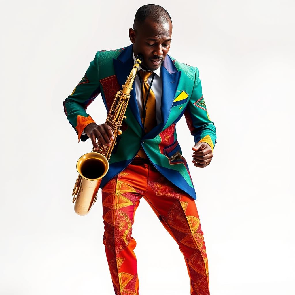 Man in Multicolored Suit Plays Saxophone