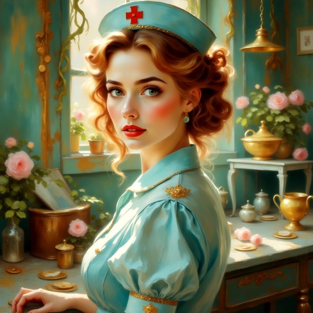 1950s British Nurse Pin-up in Gouache Style