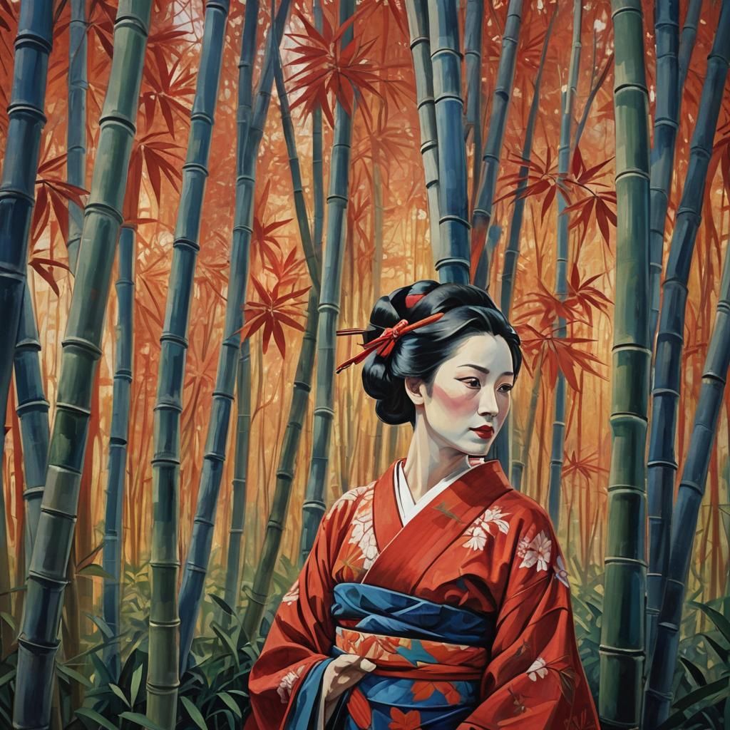 Japanese Woman in Kimono: Picasso-Inspired Cubist Art