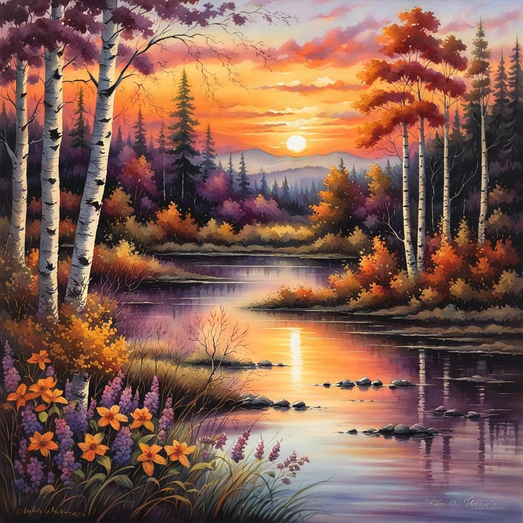 Sunset Lake Watercolor Birch Forest Intricate Painting