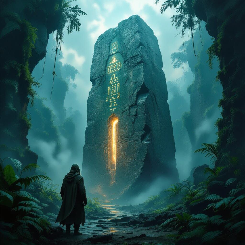 Explorer and Glowing Monolith in Alien Jungle