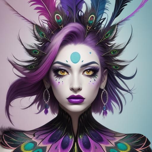 Vibrant Abstract Portrait of Woman with Peacock Hair
