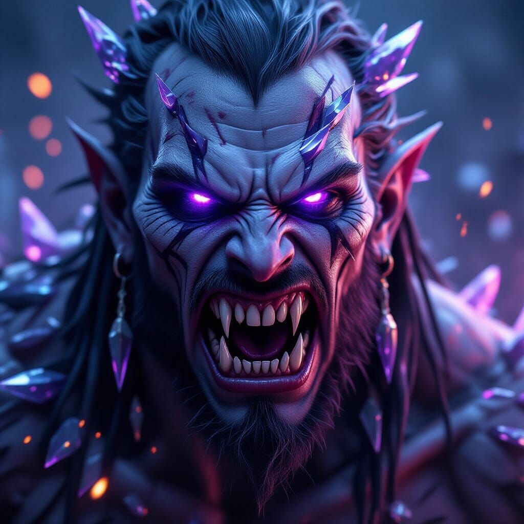 Feral Humanoid with Crystal Fangs and Floating Shards