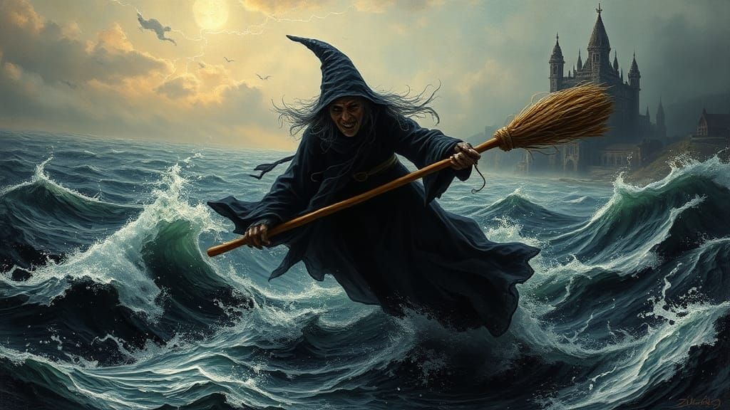 Witch Soaring Through Stormy Seas in Impasto Style