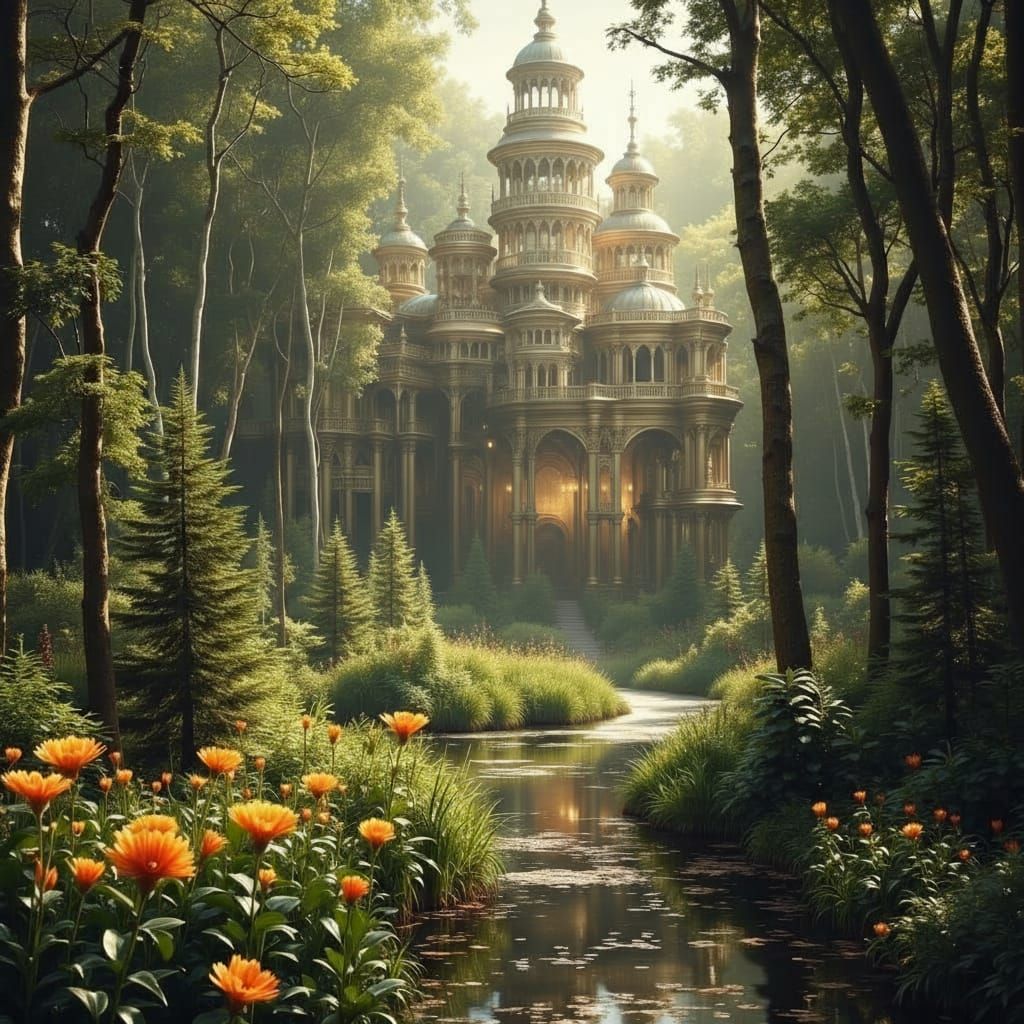 Fantastical Palace of Tiger Women in Jungle Clearing