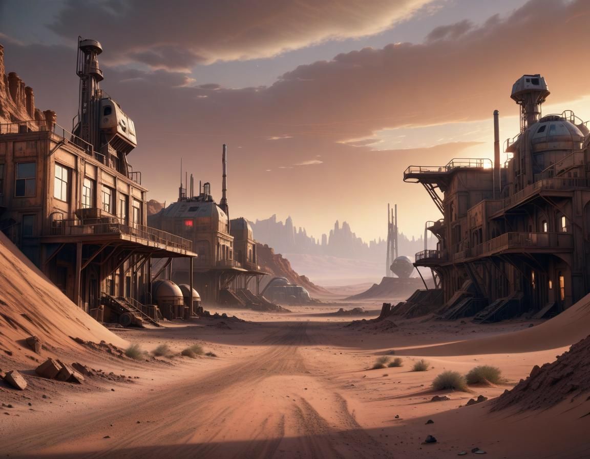 Martian Mining Town at Sunset in Sci-Fi Style