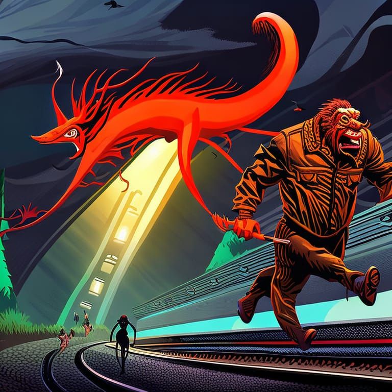 Terrifying Subway Worm Monster in Graphic Novel Style