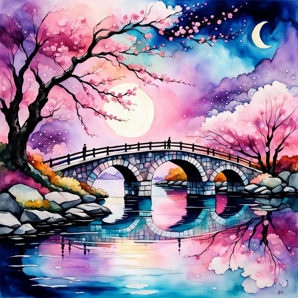 Cherry Blossoms and Crescent Moon in Alcohol Ink