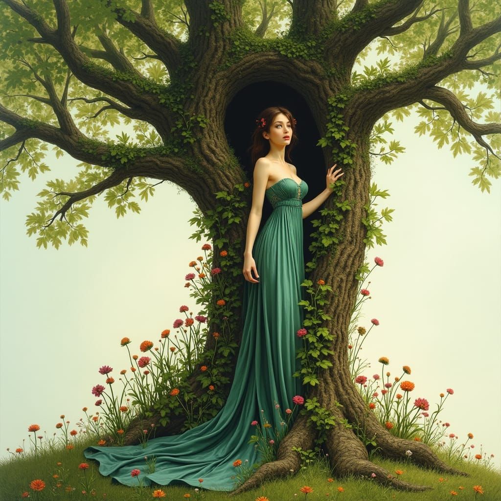 Dryad in Ancient Tree with Lush Greenery