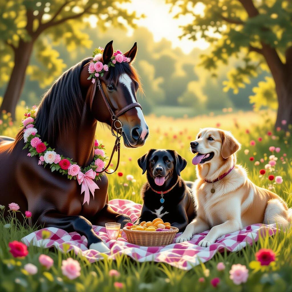 Percheron Horse with Flower Bonnet in Sun-Dappled Meadow
