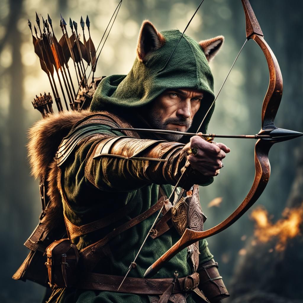 Hyperrealistic Fox as Robin Hood Firing Arrow