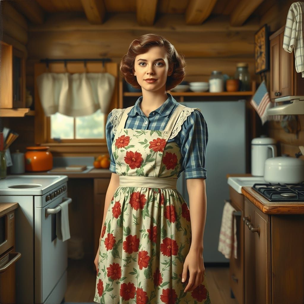 1940s Tradwife in Farmhouse Kitchen: Oil on Canvas