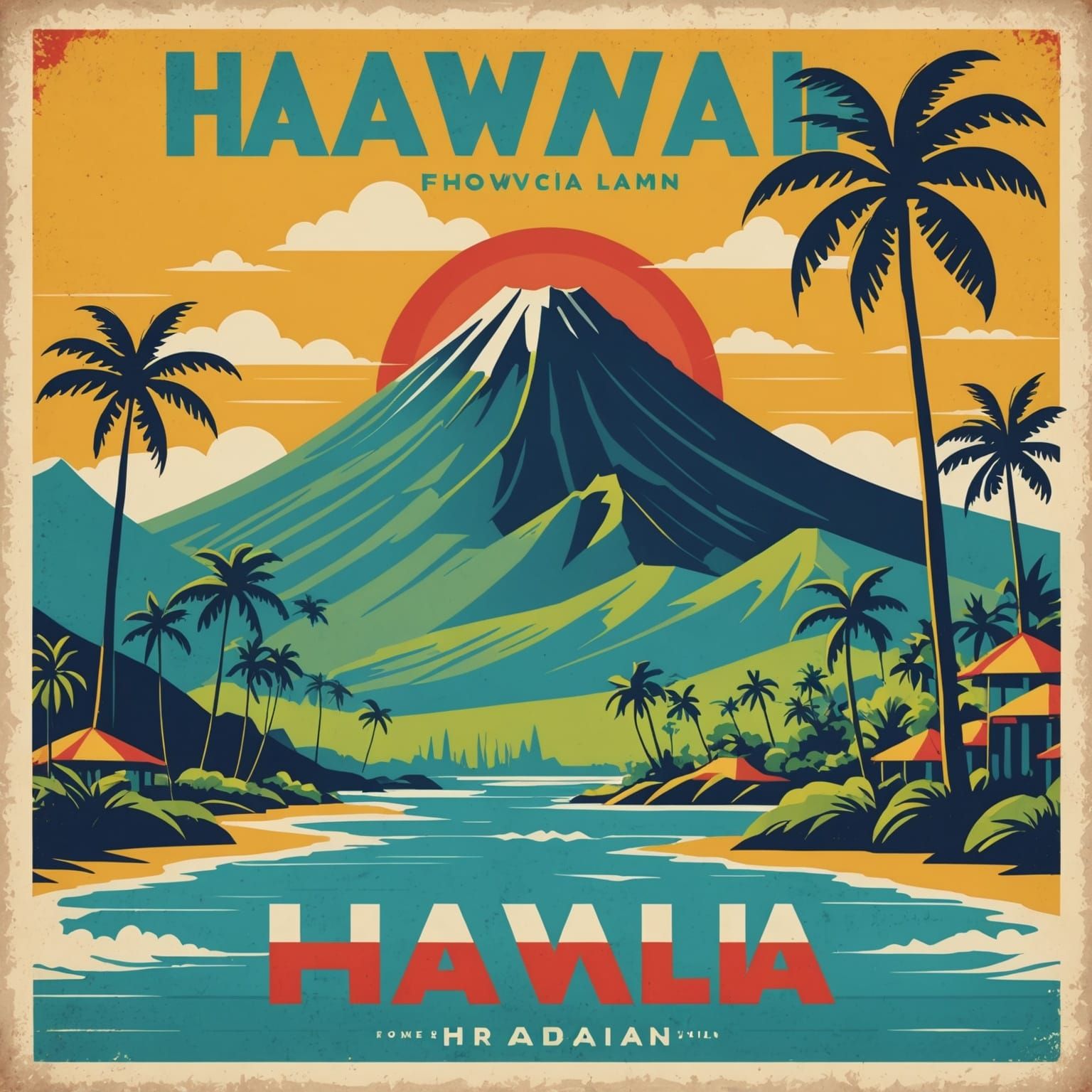 Hawaii Vintage Travel Poster in Mid-Century Style