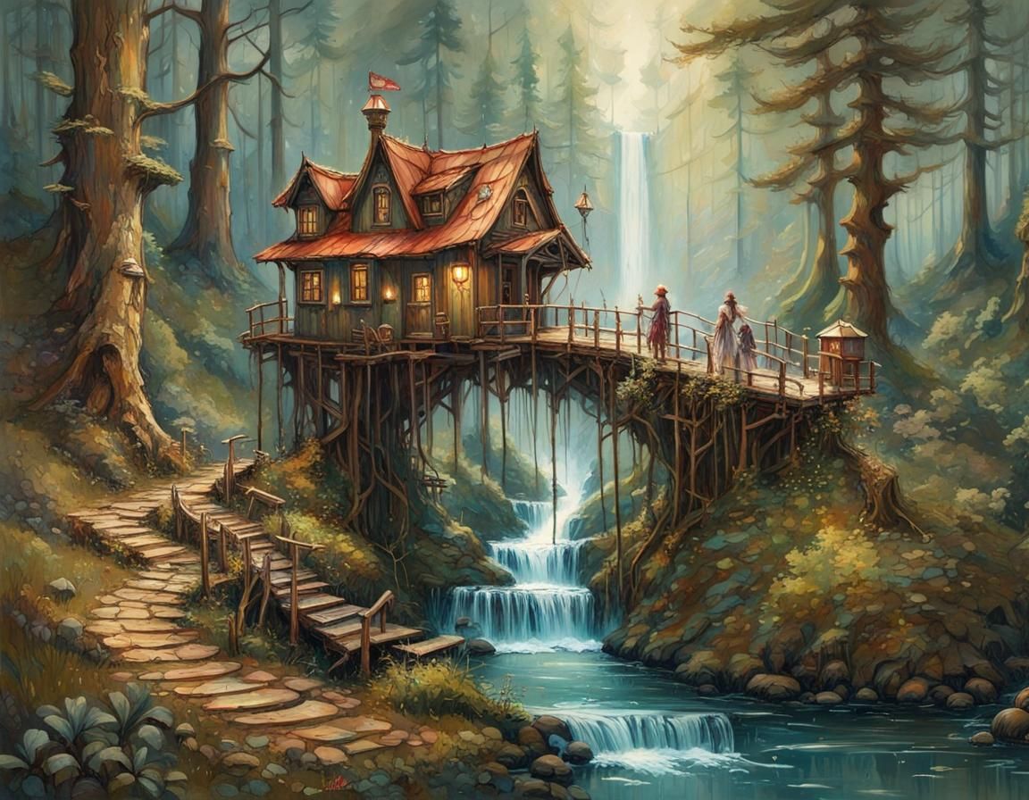 Mobile Tiny House Near Waterfall in Oil Painting Style