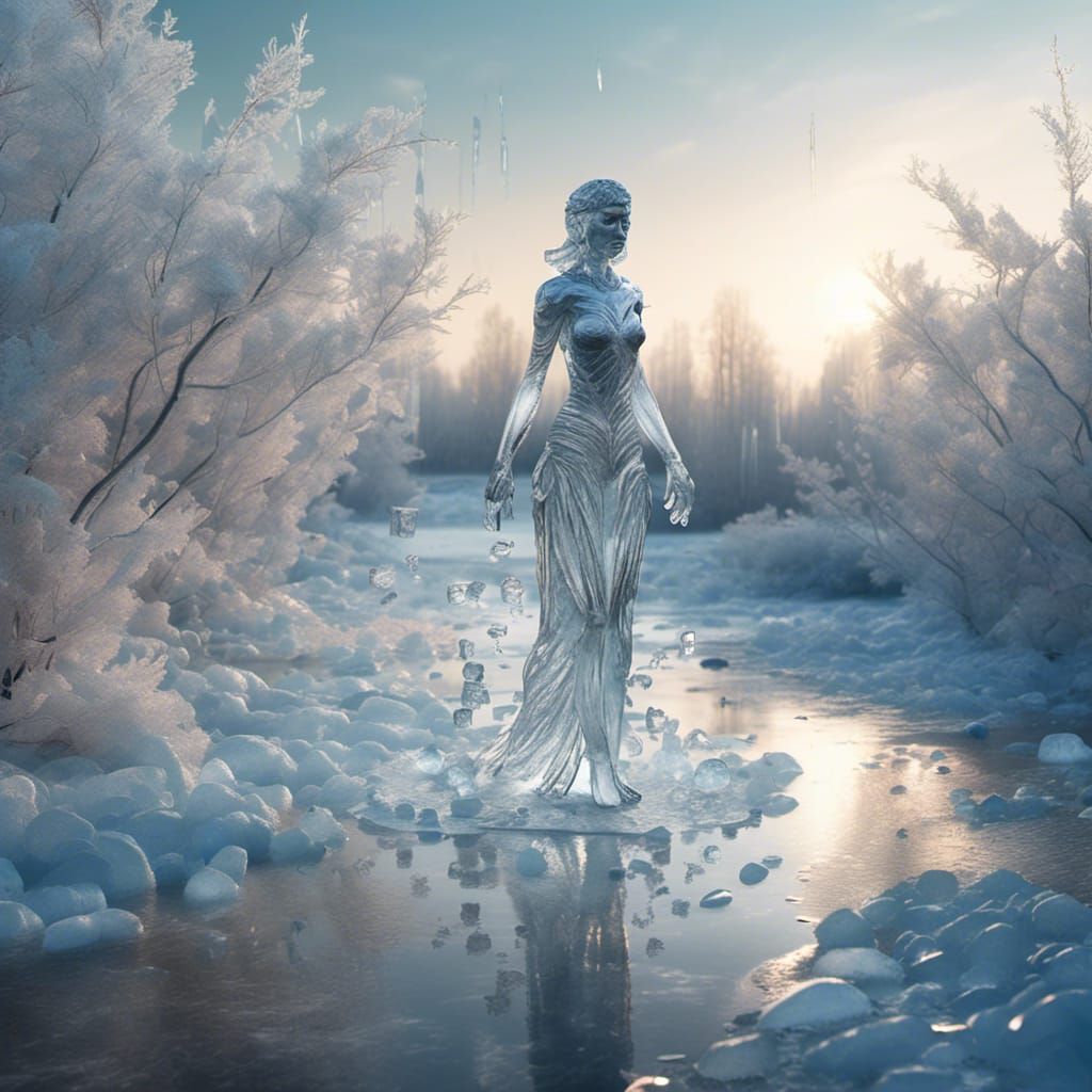 Icy Woman Sculpture in a Winter Landscape