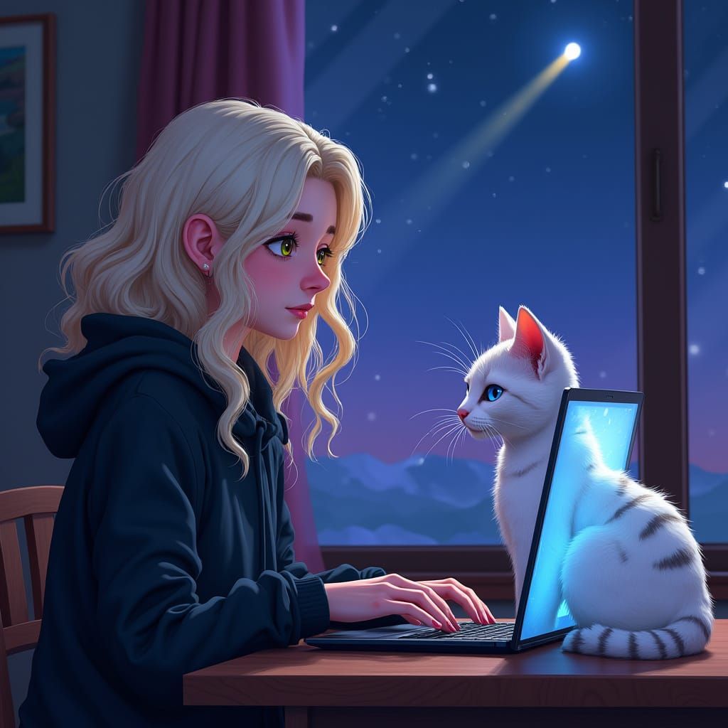 Girl with Cat and Comet, Lo-fi Digital Art