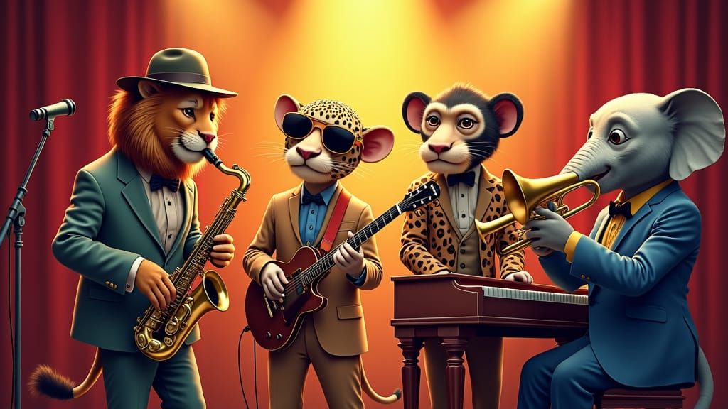African animal jazz band on stage performing