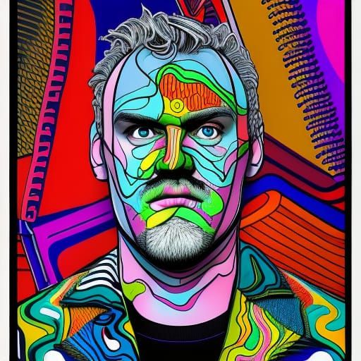 Greg Davies Graffiti Art Portrait in Psychedelic Style