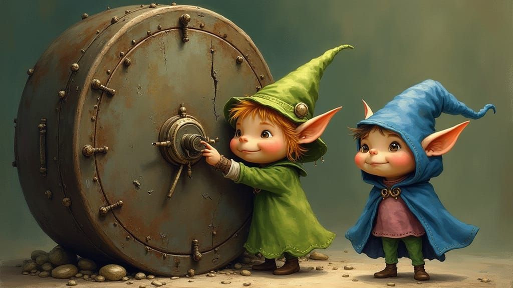 Pixies Crack a Safe, Whimsical Fairytale Art