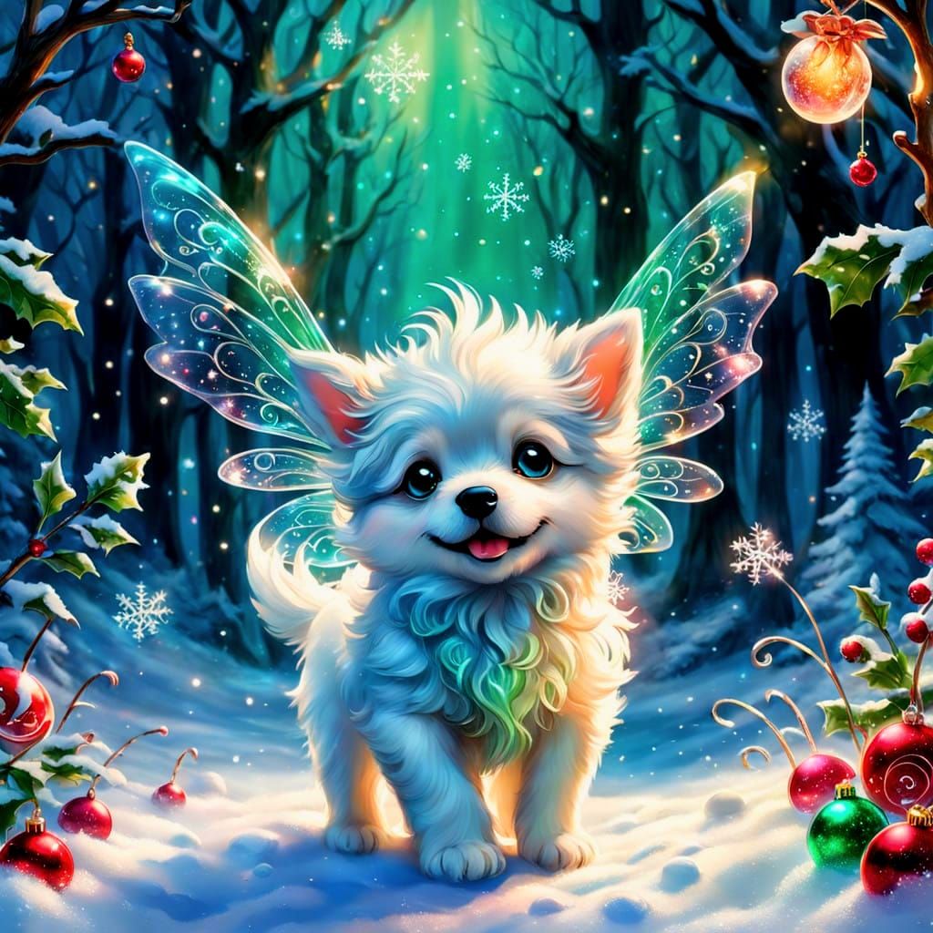 Glowing Christmas Fairy Plays with Puppy in Whimsical Wonder...