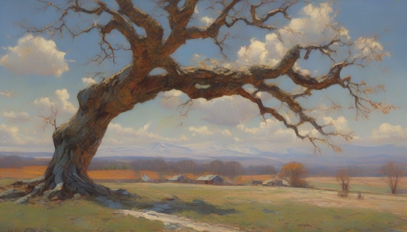 Ancient Oak Tree in New England Farmland, Oil Painting