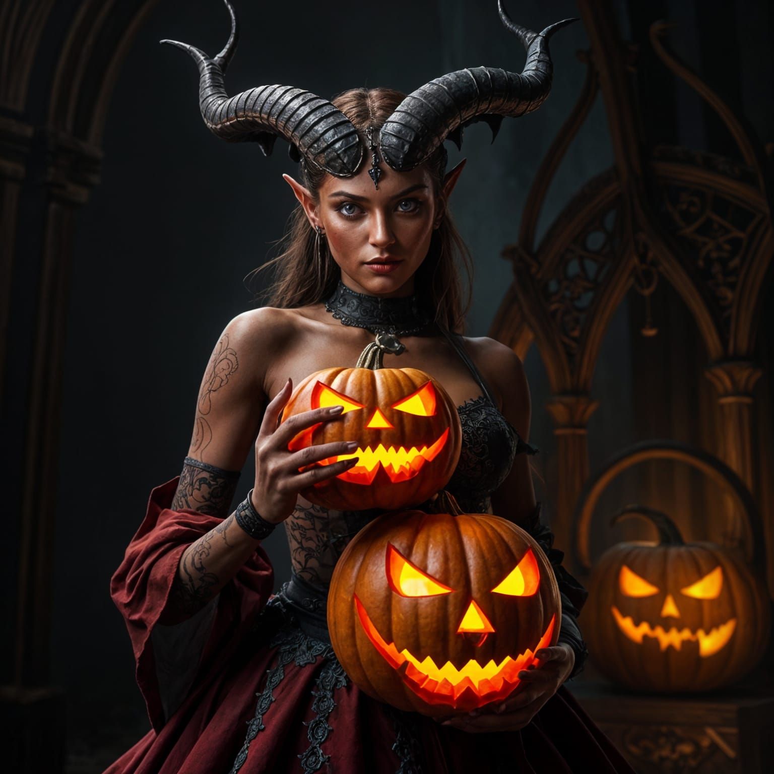 Red Skinned Devil Woman Holding Jack O'Lantern