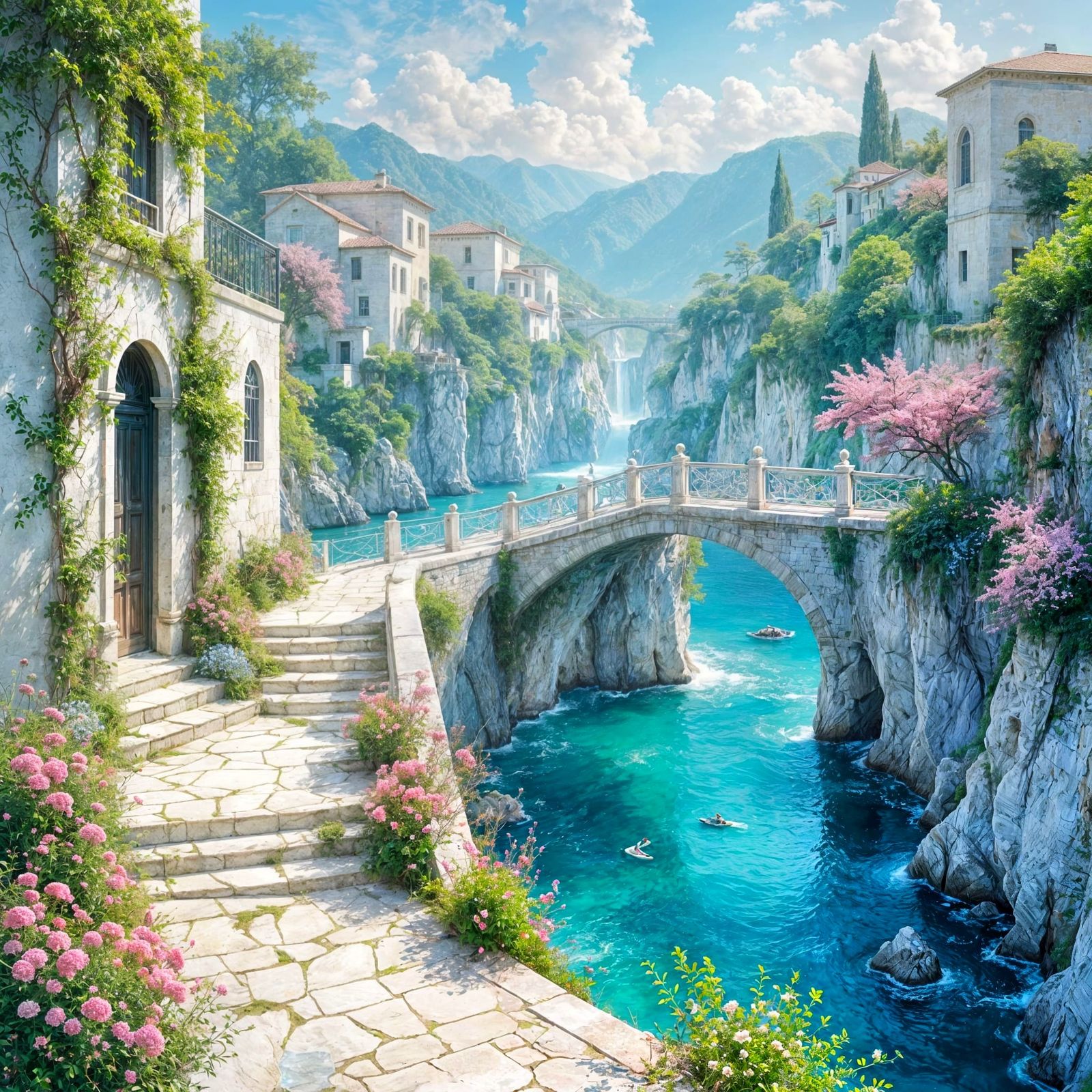 Dreamscape View with Stone Path and Distant Bridge