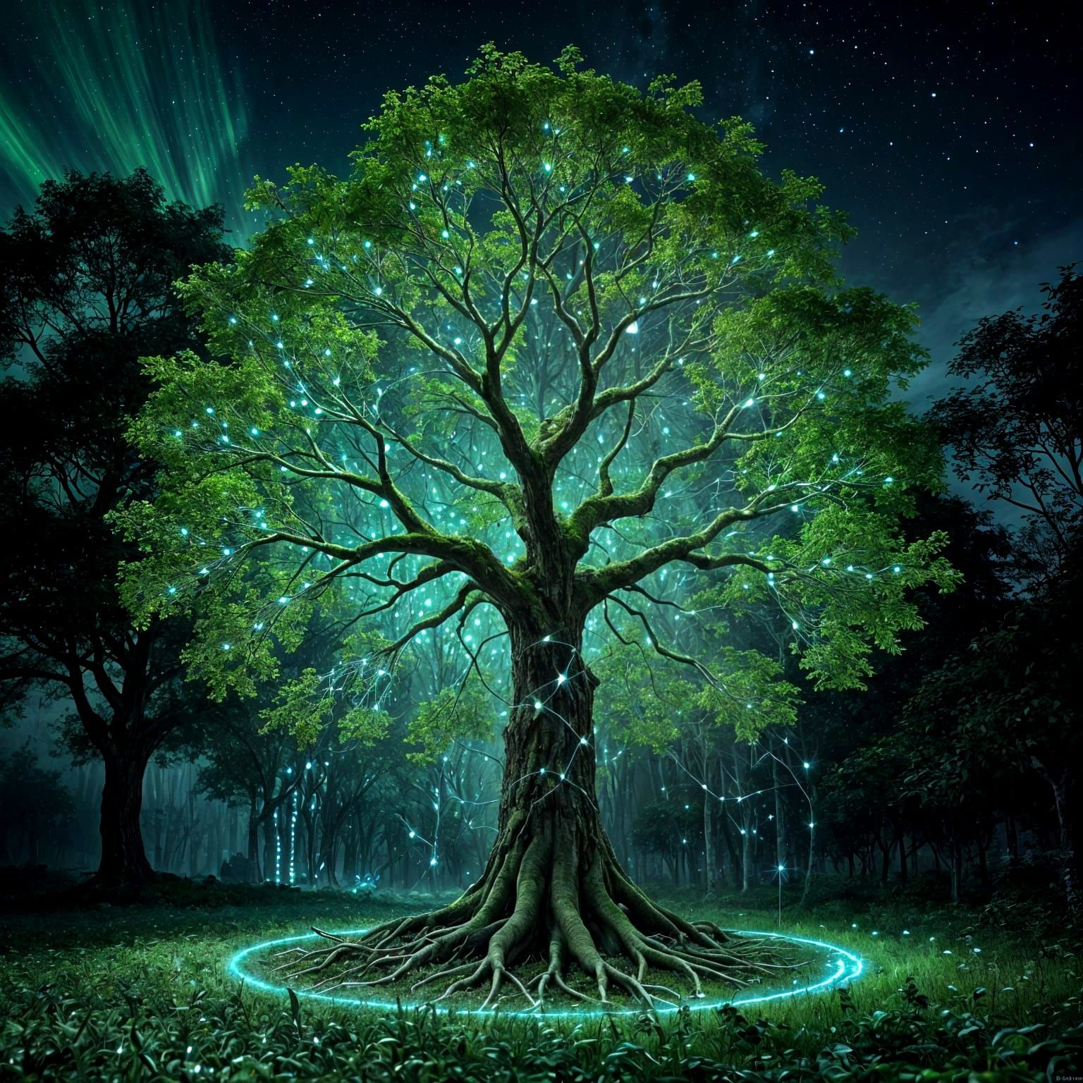 Ethereal Green Energy Tree in Digital Realm