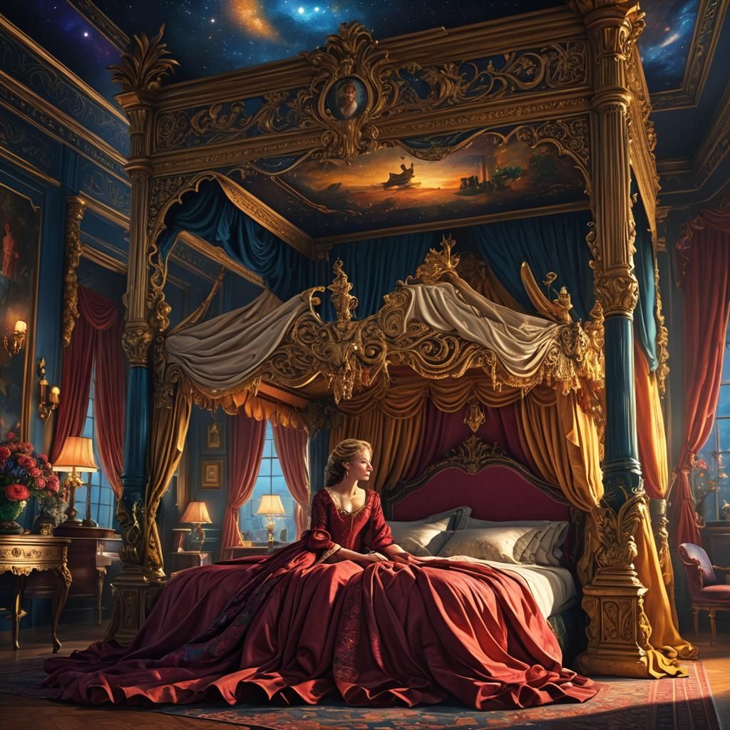 Elegant Lady Asleep in Gorgeous Bed: Digital Matte Painting