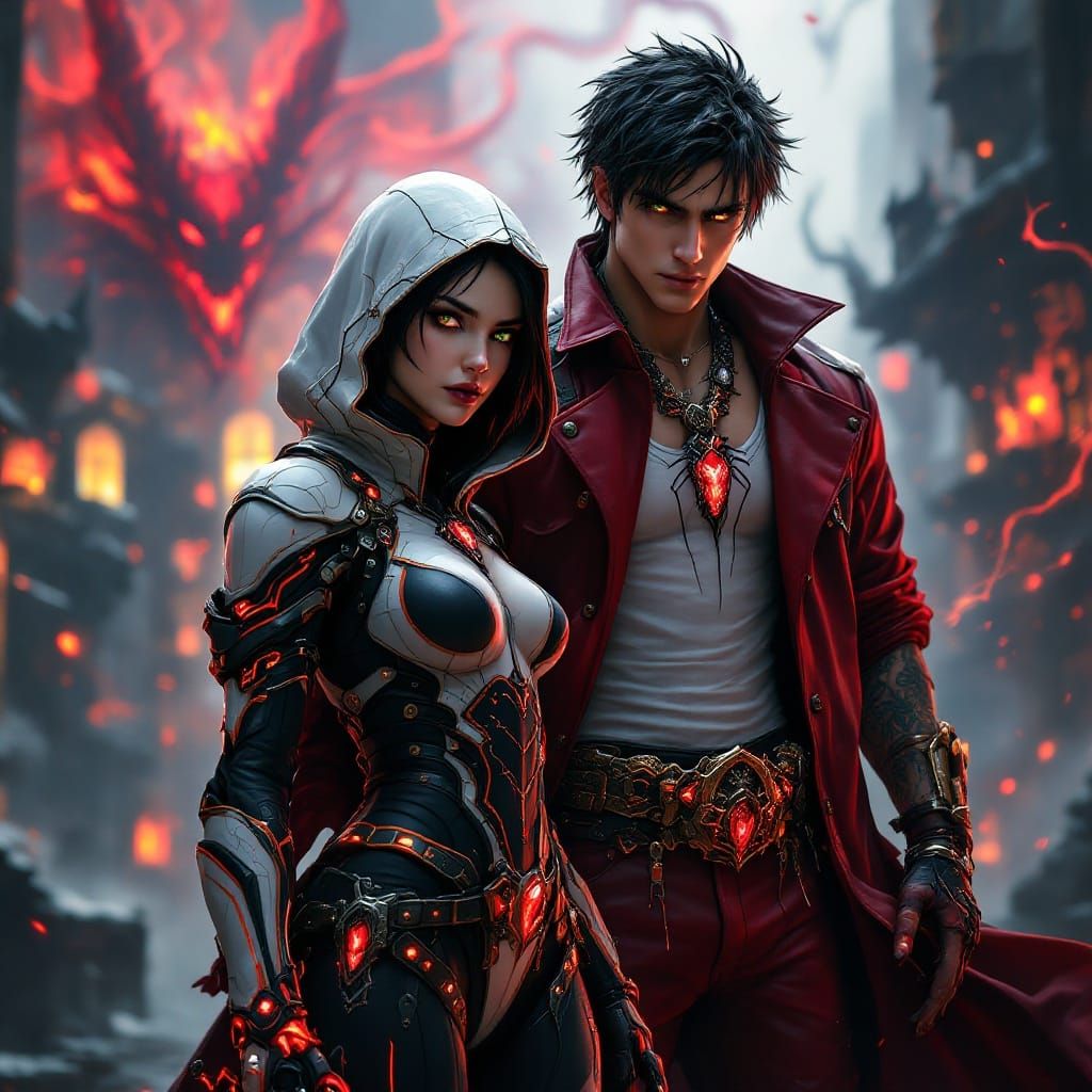 Gothic Demon Hunter Lady in Exquisite White and Black Exosui...