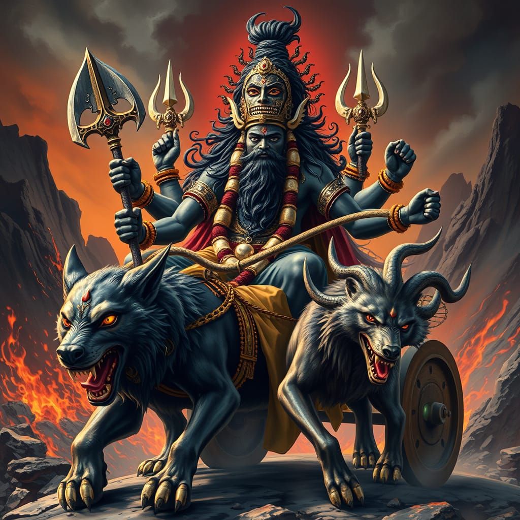 Lord Kaal Bhairava on Chariot, in Ravi Varma Style