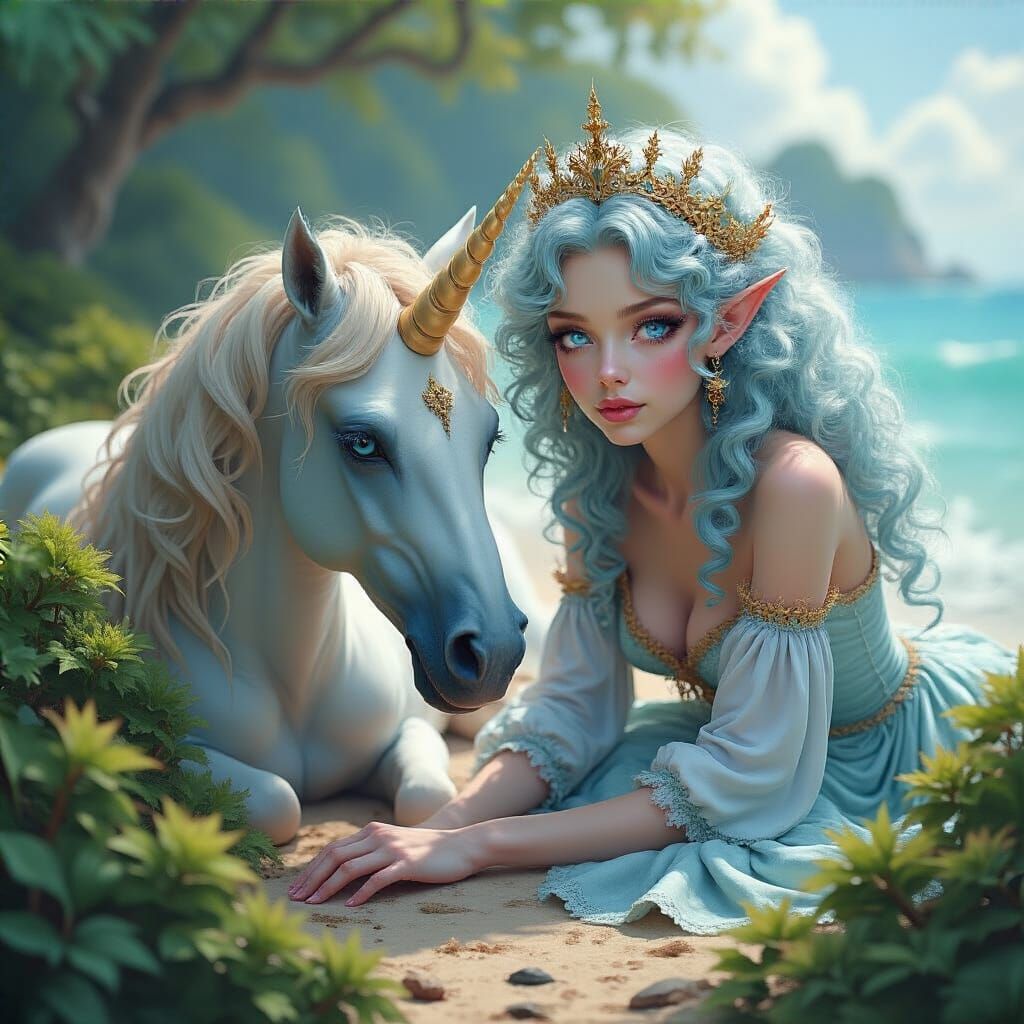 Enchanting Fairy and Unicorn Beach Scene in Baroque Style
