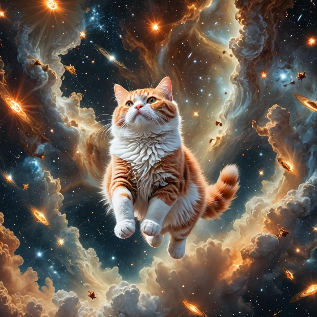 Fluffy Cat Floating in a Surreal Universe