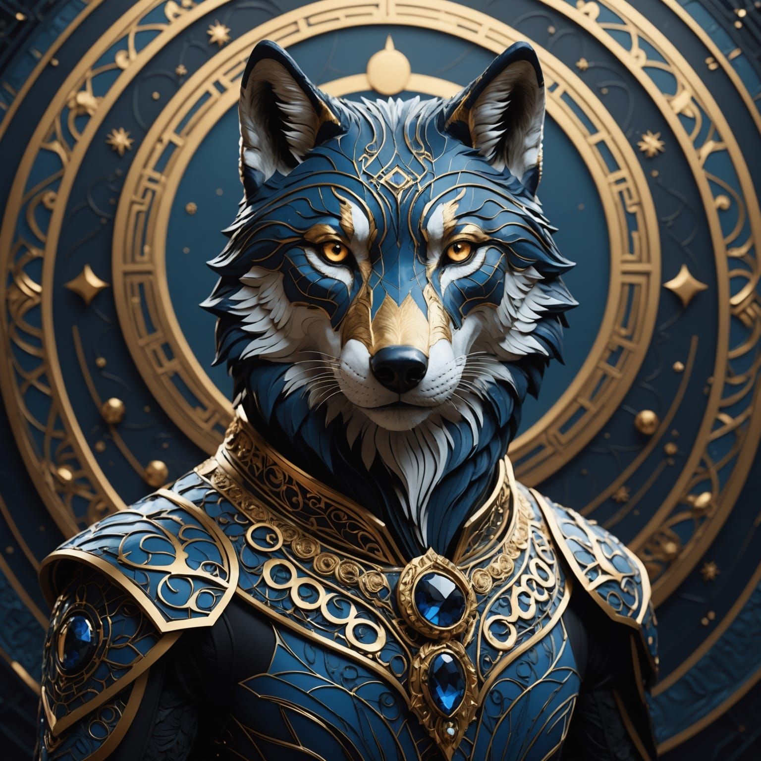 Mystical Wolf in 3D with Geometric Gold Patterns