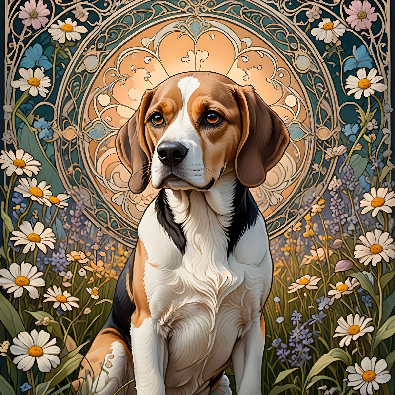 Melancholic Beagle in Art Nouveau Style