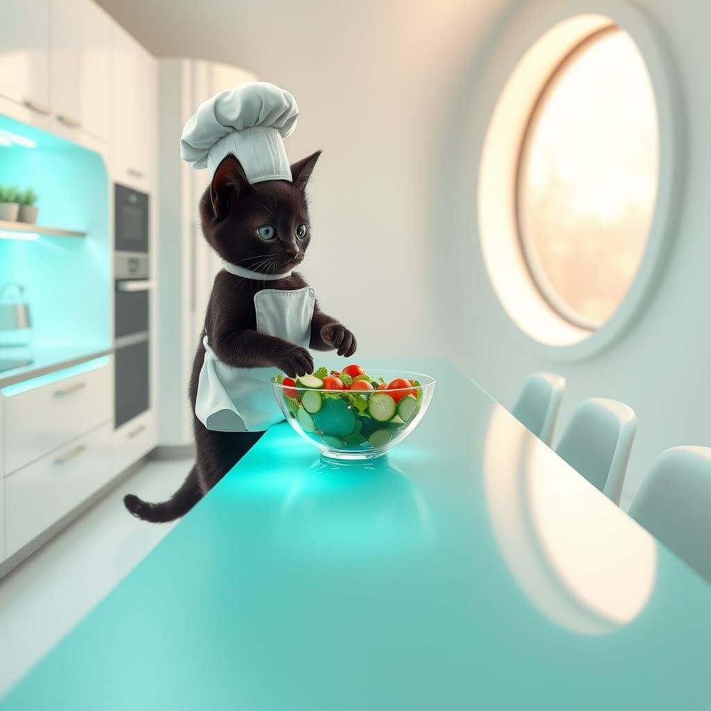Futuristic Feline Chef Prepares Salad in Minimalist Kitchen
