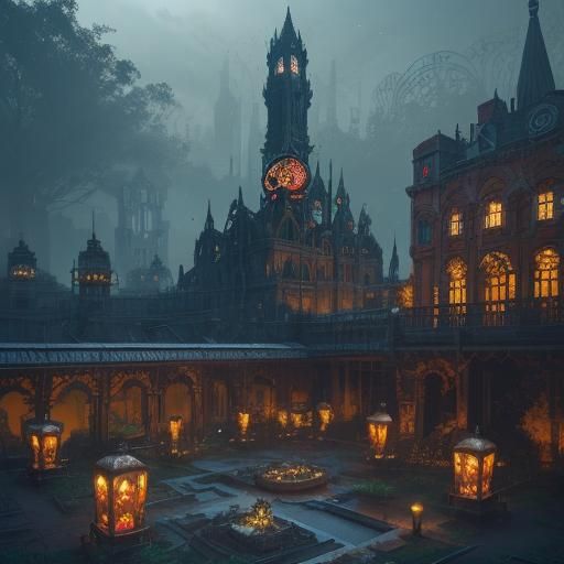 Decaying Victorian Park with Melting Cake, Digital Art