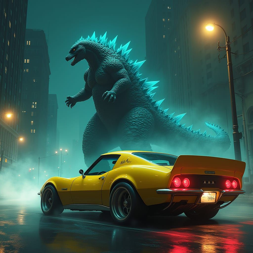 Night Drive: Sports Car Meets Godzilla in Cyberpunk City