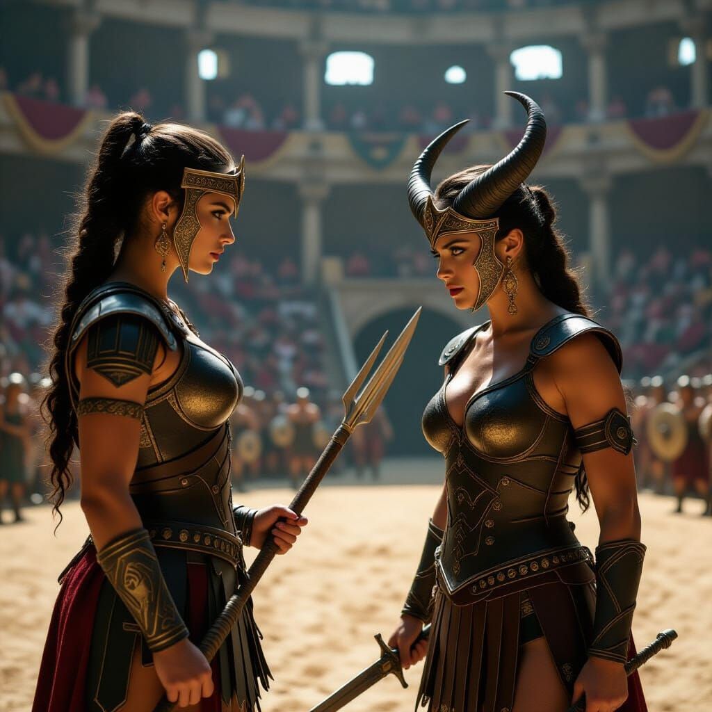 Elf Gladiatrix Battles Demon in Roman Coliseum