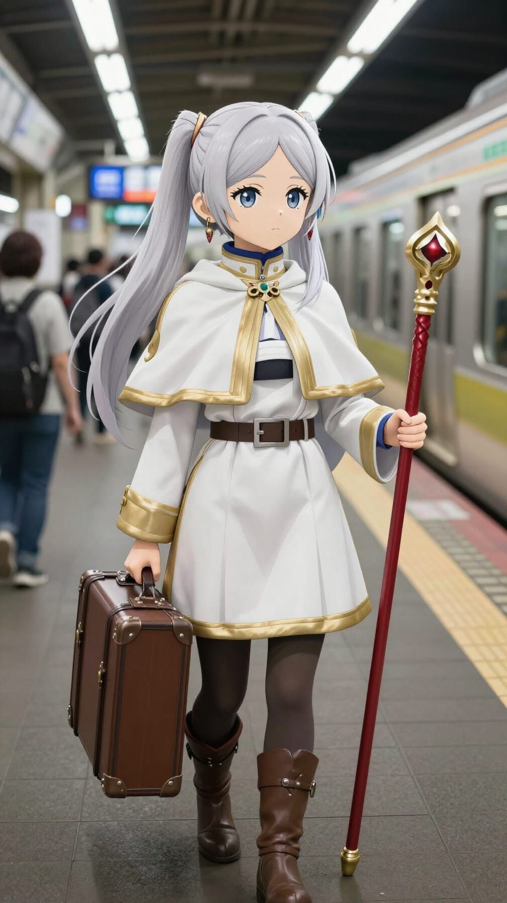 Anime Frieren at Shinjuku Station in Hyperrealistic Style
