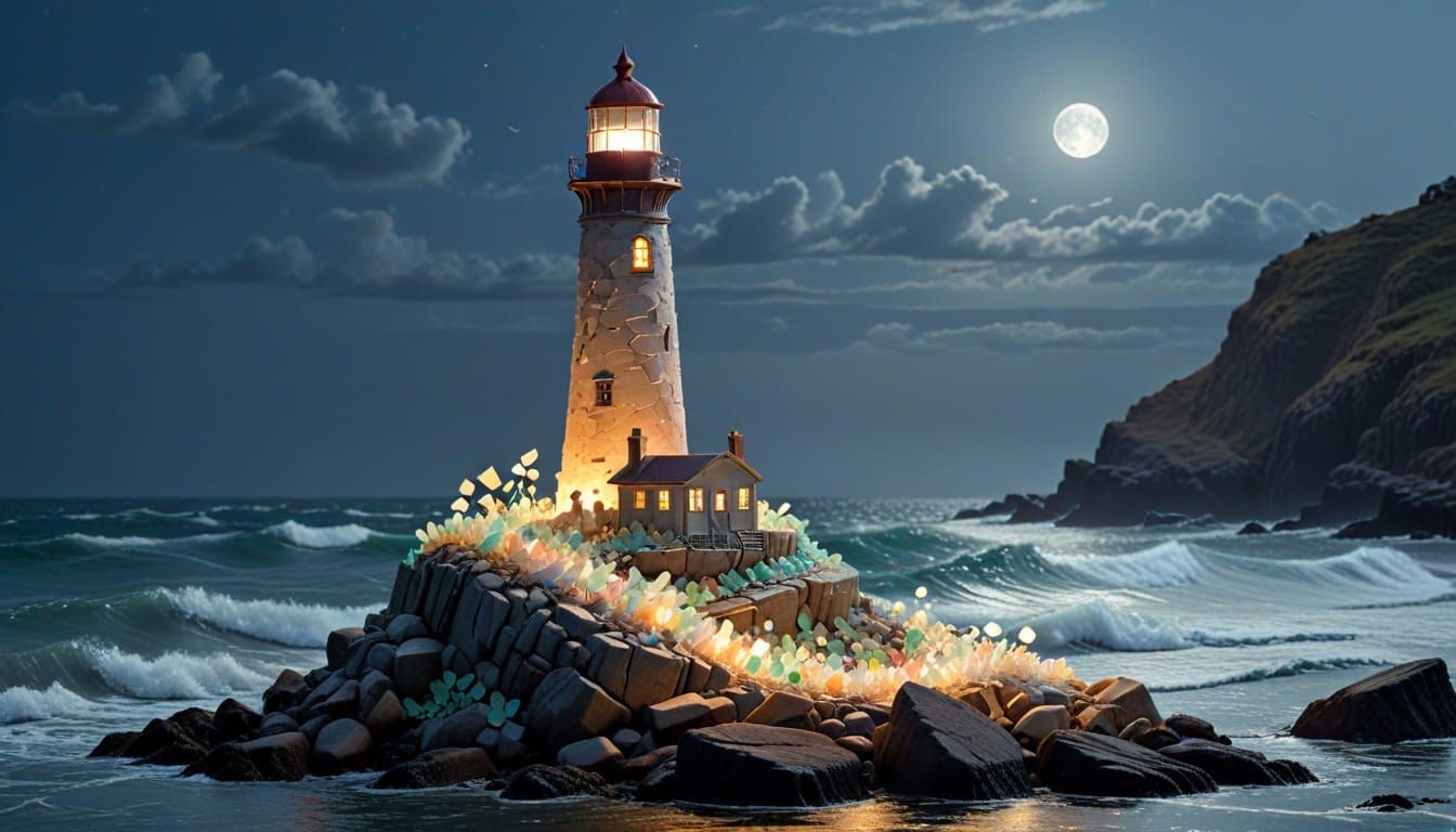 Sea Glass Lighthouse on Rocky Shore Under Moonlight