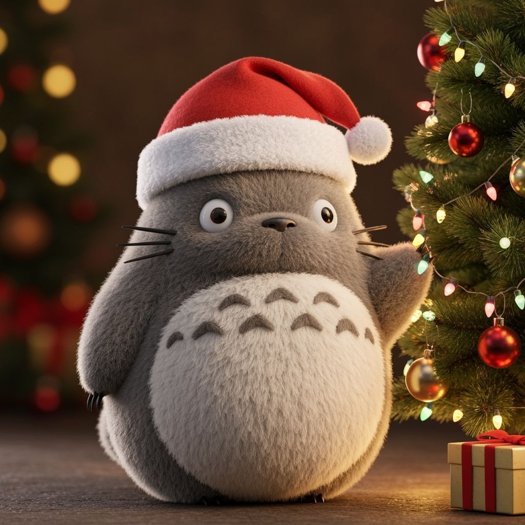 Chibi Totoro Decorates Christmas Tree in Ghibli Style