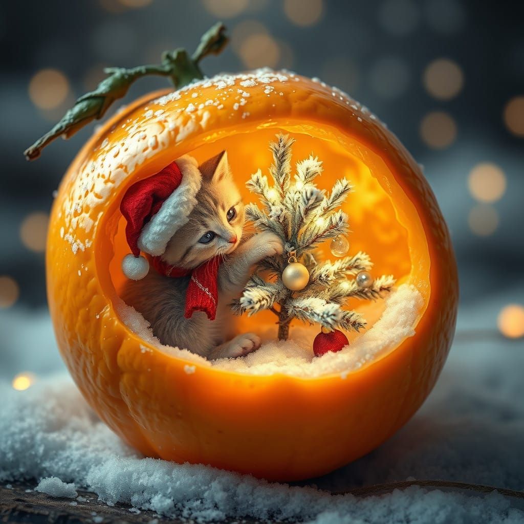 Vibrant Christmas Wonderland with Kitten and Sparkling Ornam...