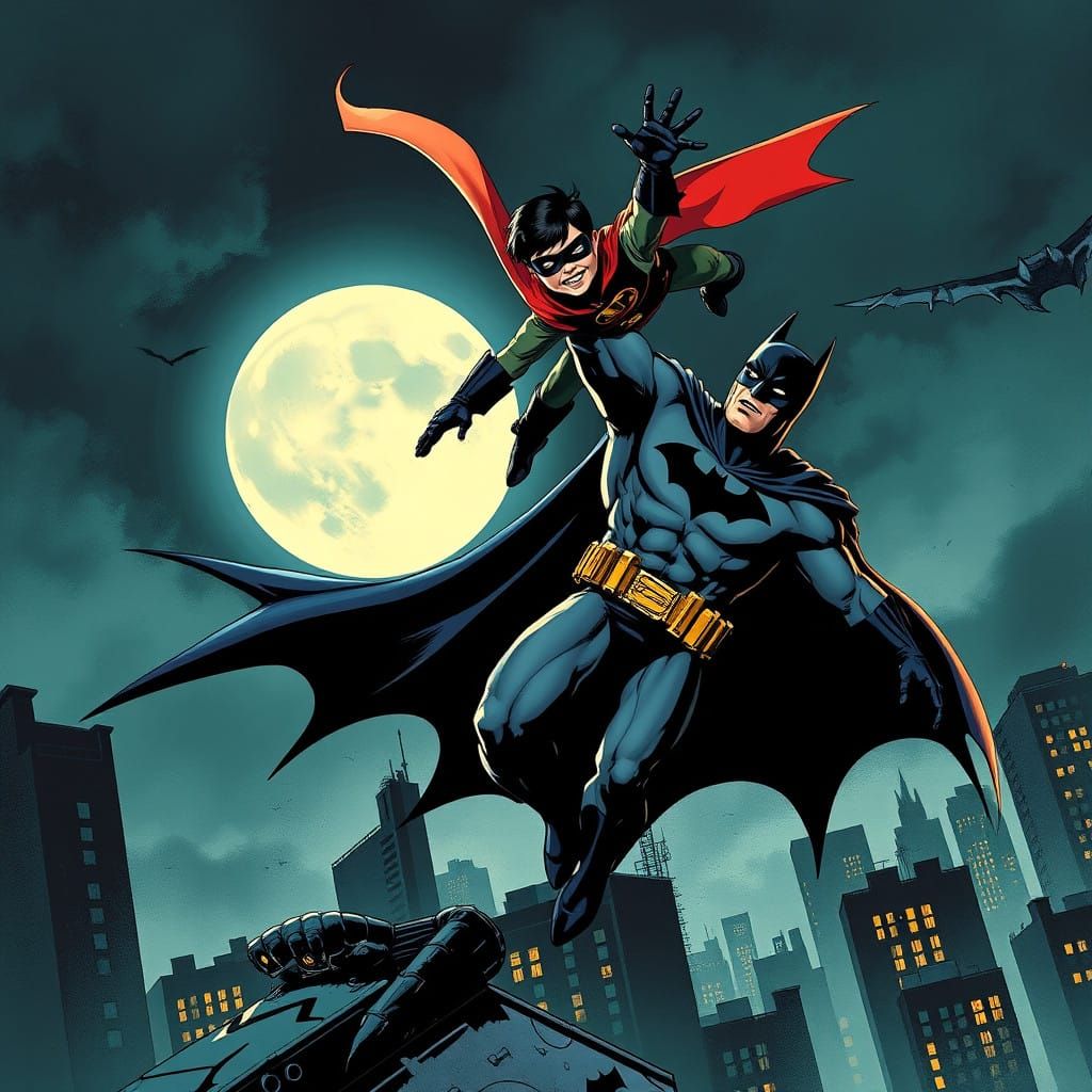 Dark Knight Throws Young Robin Through Gotham City Night Sky