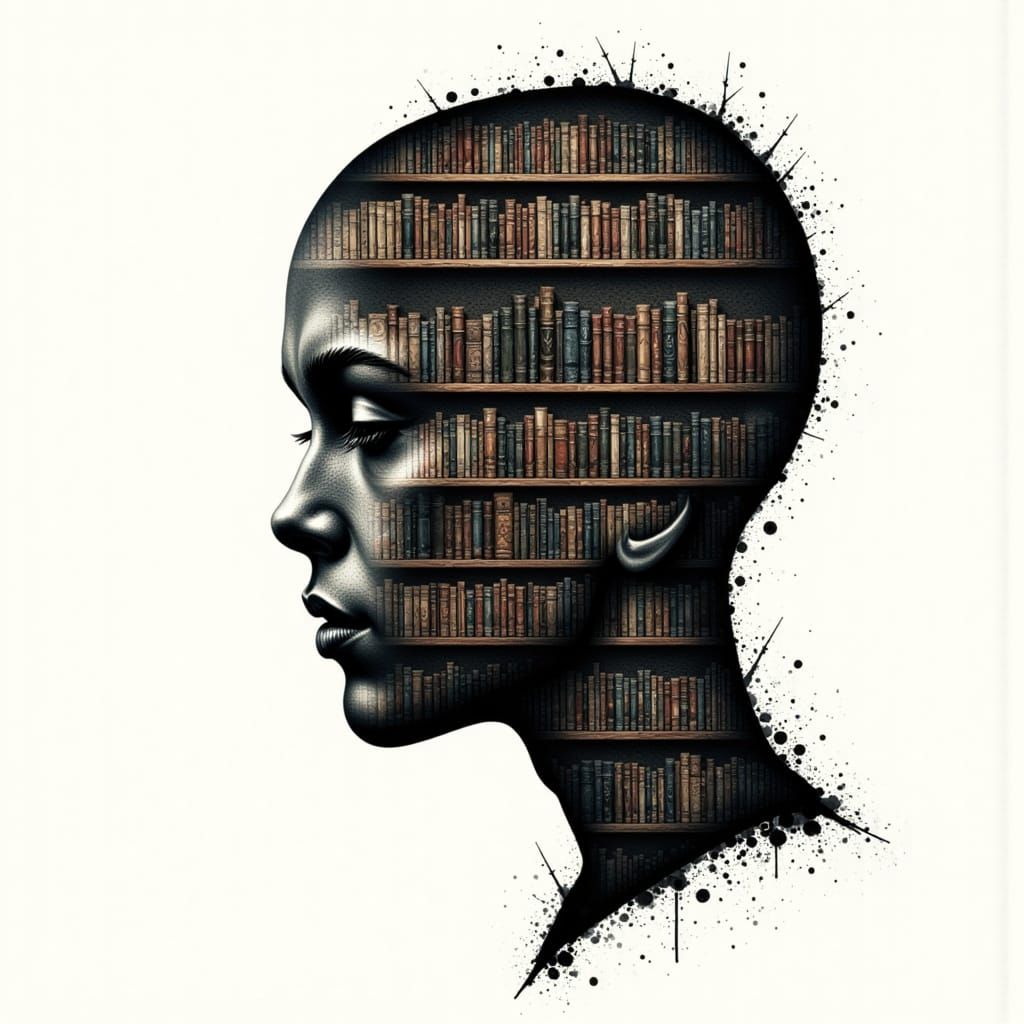 Double Exposure Portrait of Bookshelf and Silhouette