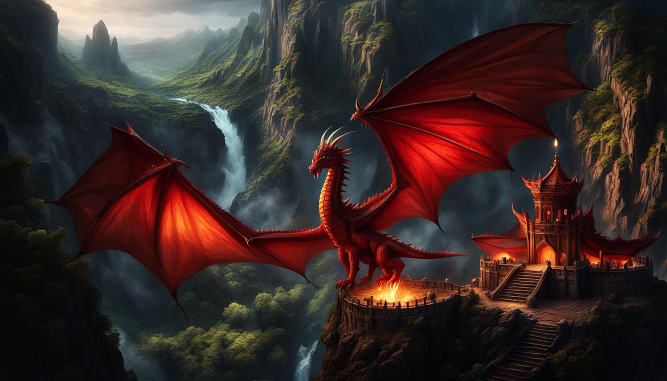 Fiery Dragon Over Dark Fantasy Monastery