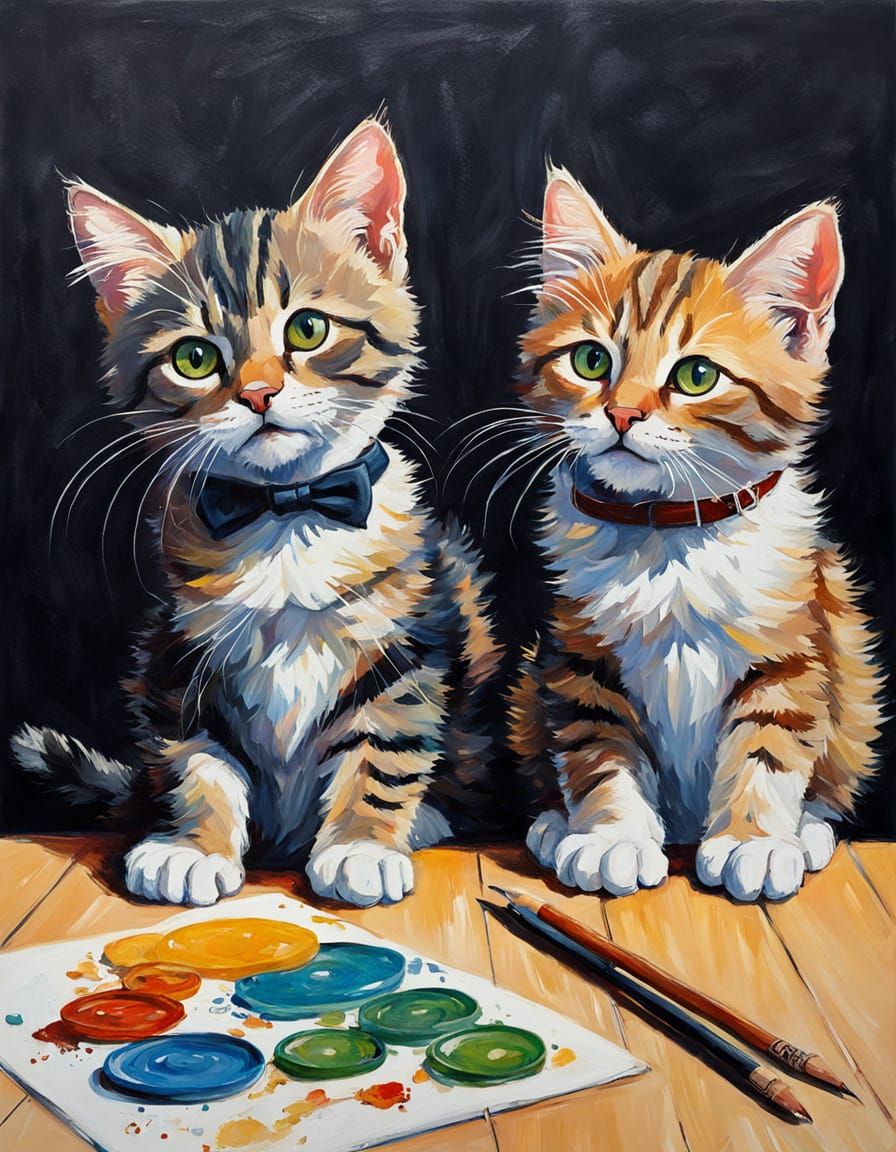 Adorable Kitten Couple Oil Painting