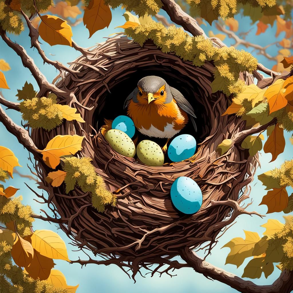 Mother Robin and Nest in Autumnal Oak