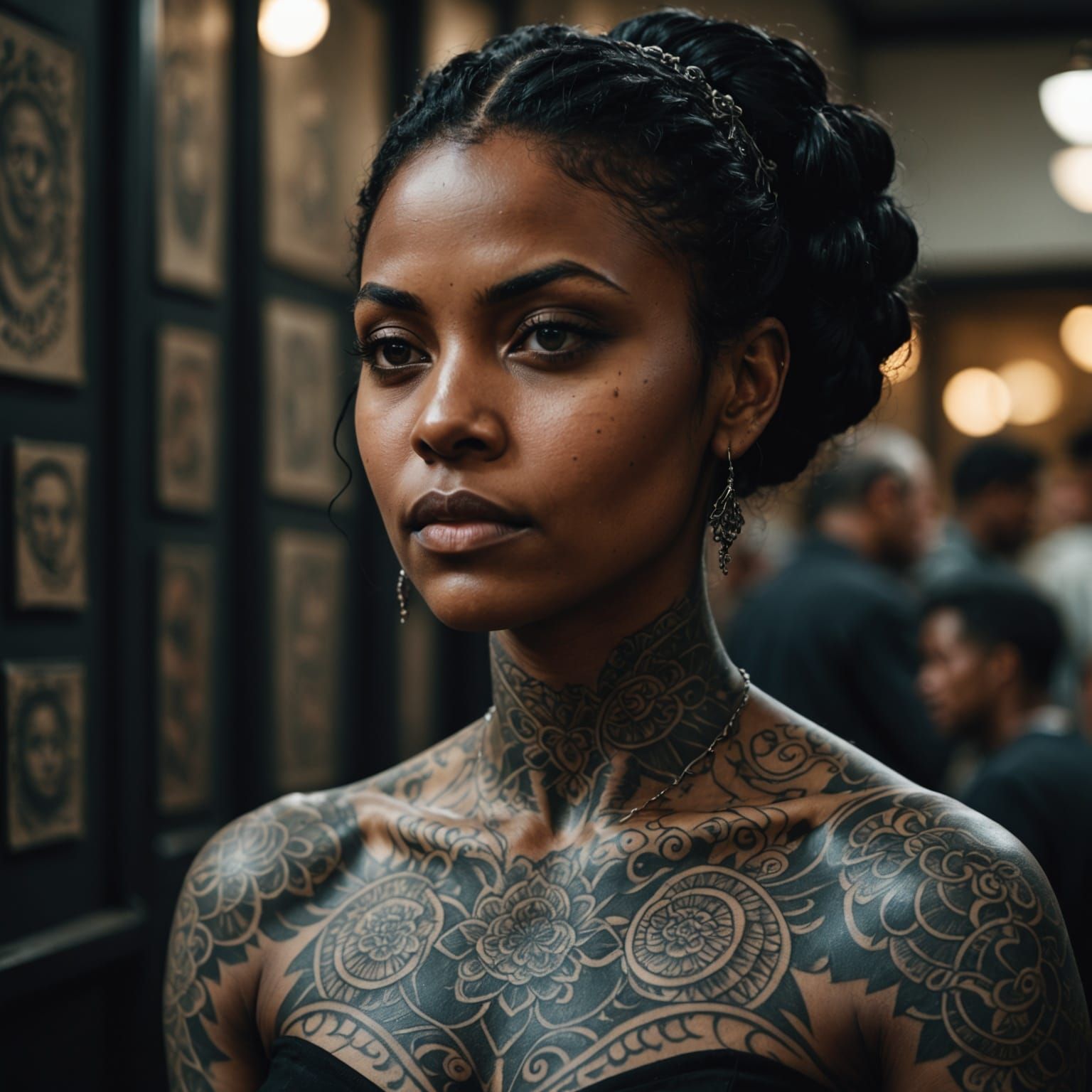 Hyperrealistic Portrait of a Black Woman with Intricate Tatt...
