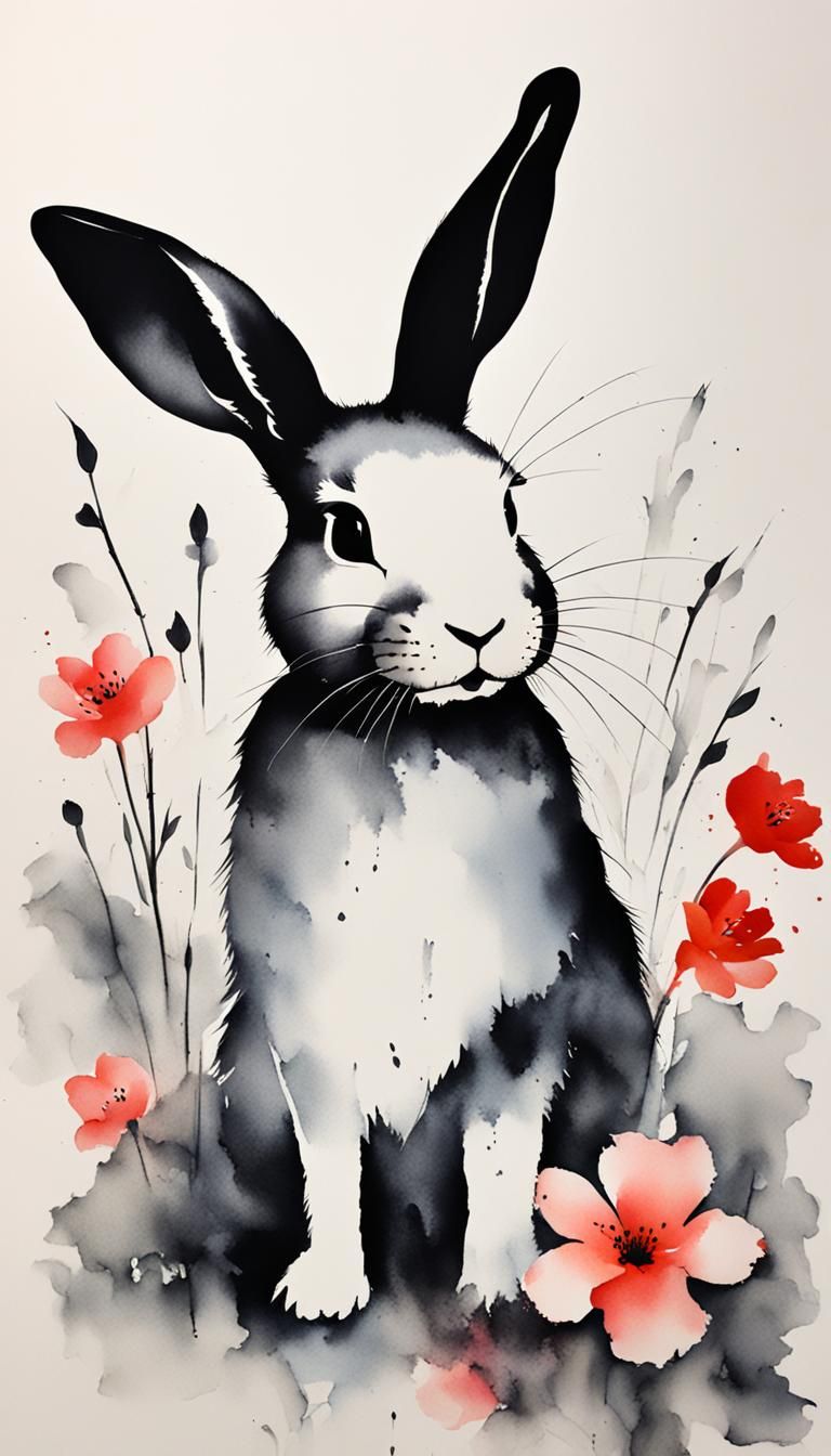 Minimalist Chinese Ink Painting of a White Rabbit